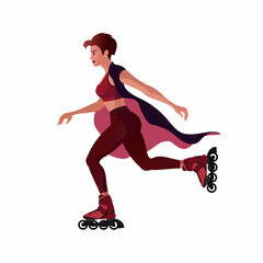 A short-haired girl in a summer dress is rollerblading. Isolated vector illustrations for advertising banner layout or flat design