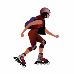 Fototapeta na wymiar Girl in a Safety helmet with a backpack is rollerblading. Isolated Vector illustration for mockup or flat design advertising banner.