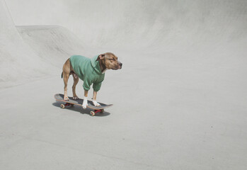 Pitbull  dog in a sweatshirt rides in a skate park on a skateboard