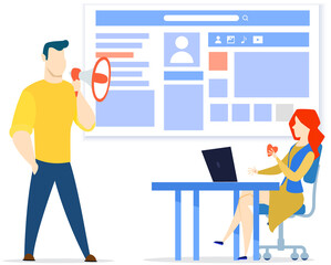 Business site promotion, optimization, increase efficiency of website concept. People work with customer profile advertising. Employees working with social media, marketing in consulting service