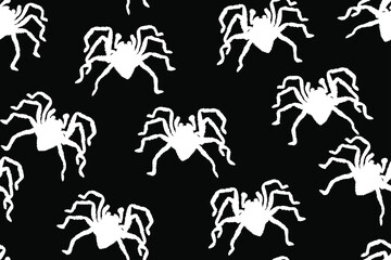 Vector seamless pattern of white tarantula spiders on black background.