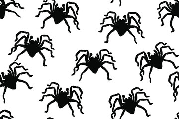 Vector seamless pattern of black tarantula spiders on white background.