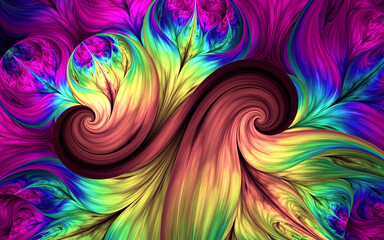 Abstract fractal patterns and shapes.Mysterious psychedelic relaxation pattern. Dynamic flowing natural forms. Sacred geometry.Mystical spirals. Bright colors in the hippie style. - obrazy, fototapety, plakaty
