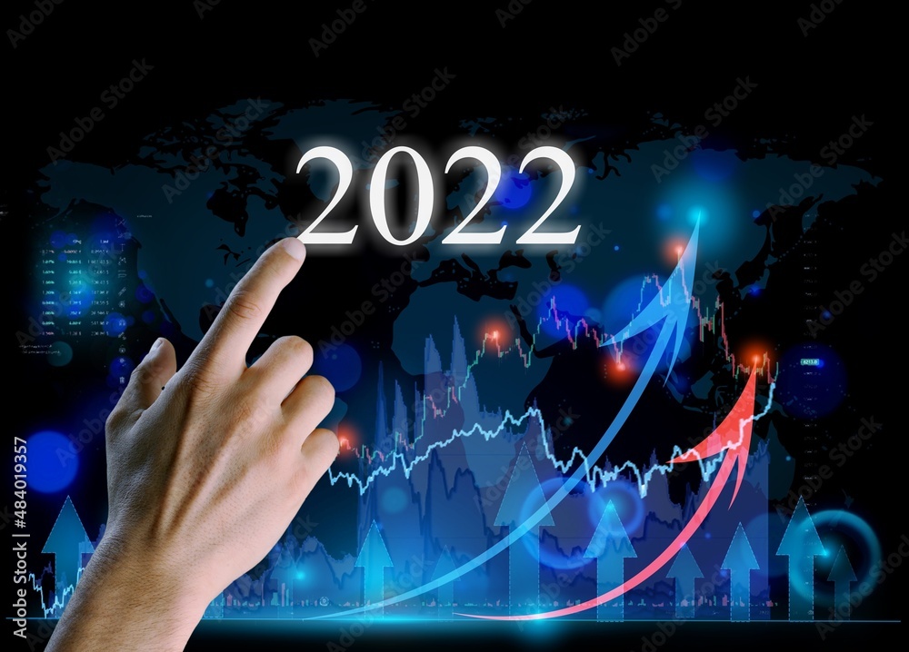 Wall mural hand touching screen digital virtual futuristic interface 2022 graph chart