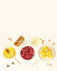 Healthy food composition with wild cranberries, honey, garlic, sea buckthorn, cinnamon sticks and spices on white background with copy space. Virus defeating natural ingredients. Immune boosting food