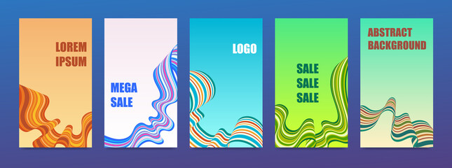 Set of backgrounds for social media stories with abstract, colorful 3d stripes.