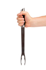 A hand holds a barbecue fork.