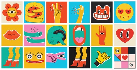 Big Set of Different colored Vector illustartions for posters in Cartoon Flat design. Hand drawn Abstract shapes, faces, different texture funny Comic characters.