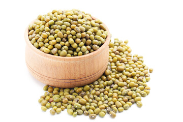 Soy beans in wooden bowl on white background