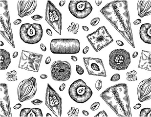 Sketch drawing pattern of Turkish baklava isolated on white background. Oriental sweets line art wallpaper. Doodle hand drawn baked dessert, pistachio, Ramadan food, almond, peanut.Vector illustration - 484020186