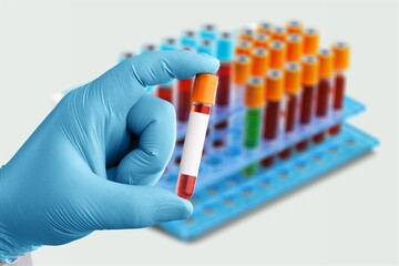 Biochemist hold test tubes with blood sample for test.