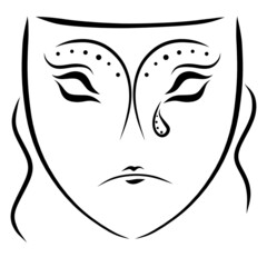 sad theatrical mask with a tear on a woman's face, black outline