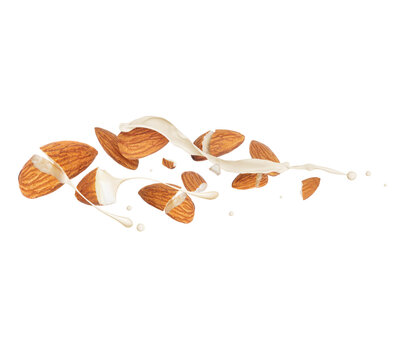 Crushed dried almonds with milk splashes in the air, isolated on a white background