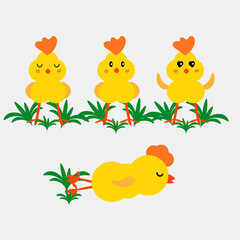 Cute cartoon chicken set. Funny yellow chickens in different poses, vector illustration.