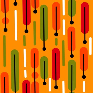 Seamless hand drawn mid century modern pattern in red green orange colors. Retro vintage 50s 60 diamond atomic age mcm pattern with abstract geomentric shapes for textile wallpaper trendy design.