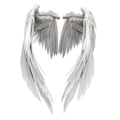 Pair of isolated white angel style wings with 3D feathers on white background, 3D Illustration, 3D Rendering - obrazy, fototapety, plakaty