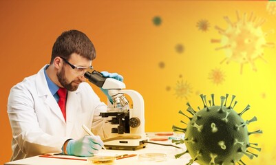 Omicron COVID-19 is being investigated. Virologist is studying coronavirus. Omicron vaccine search...