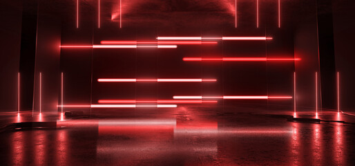 Obraz premium Cyber Neon Sci Fi Futuristic Room Glowing Glass Frosted Panels Red Vibrant Fluorescent Laser Lights Glowing Dark Corridor Hallway Glossy Concrete Grunge Stage Podium 3D Rendering