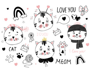 Cat Collection. Portraits of cat characters - in winter hat and scarf, with crown and hearts, sleepy in nightcap. Background with letters, rainbow and paw. Vector illustration. linear hand drawn 