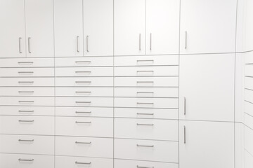 White large pharmacy cabinet from side of drawers