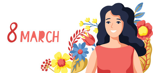 Greeting card for International Womens Day celebration. 8th March background with girl and flowers.