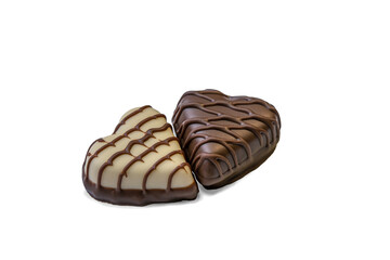 dark and white chocolate candies in the shape of hearts isolated on white
