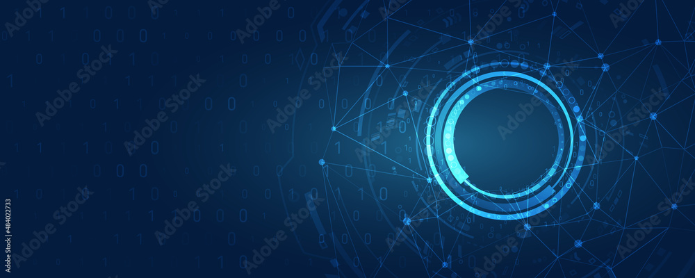 Poster Hi-tech computer digital technology concept. Abstract technology communication vector illustration. Wide Blue background with various technological elements.