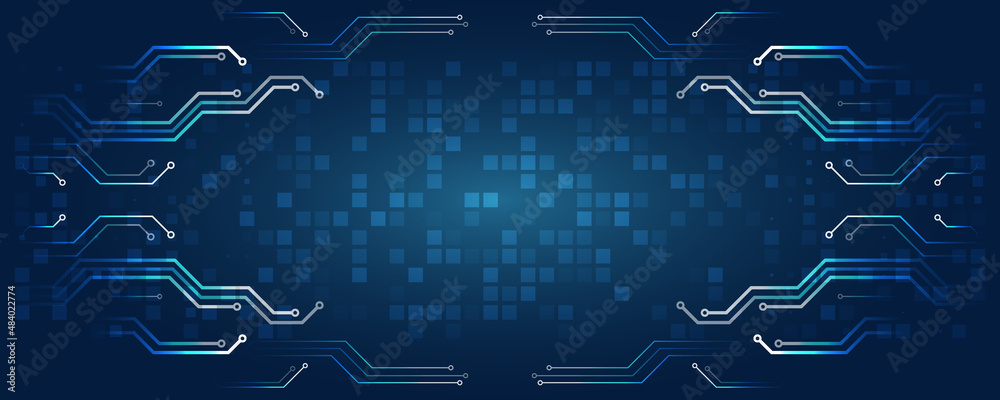 Poster Blue background with various technological elements. Hi-tech computer digital technology concept. Abstract technology communication vector illustration