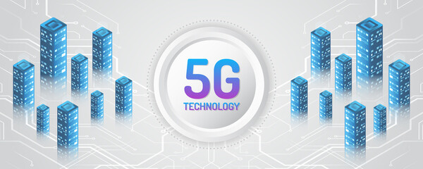 5G high-speed information transmission technology. The global wireless standard. Hi-tech communication illustration on a gray background. The virtual city is connected by a printed circuit board