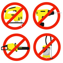 Power tools. Yellow electric industrial tools. Flat illustrations of saws, drill planer grinders screwdriver.