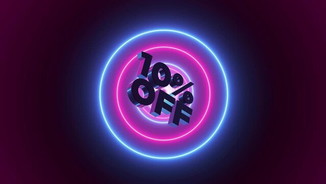 10% off 3D text title, with Abstract background, circle shaped neon lights loop animation. 3d render