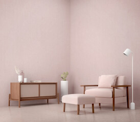 Pink living room with armchair,stool and TV table.3d rendering