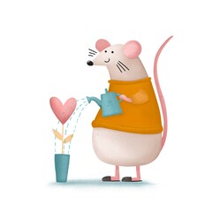 Valentines day card with cartoon mouse watering a flower. Digital funny kids illustration