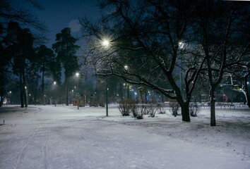 The snowy roads in the night park with lanterns in the winter. B