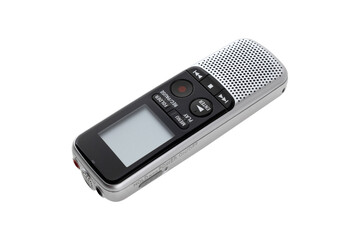 The voice recorder is isolated on a white background. Dictaphone close-up on a white background.