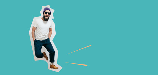Young bearded hipster guy wearing white blank t-shirt. Mock-up for print. T-shirt template. Jumping, running man. Collage in magazine style.