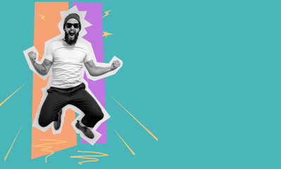 Crazy hipster guy emotions. Jumping, running man. Collage in magazine style. Discount, sale, season sales, copyspace for ad. Colorful summer concept. Facial expression concept.