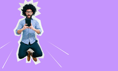Jumping, running man with tablet. Collage in magazine style. Discount, sale, season sales, copyspace for ad. Colorful summer concept. Crazy hipster guy emotions