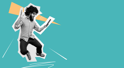 Jumping, running man with tablet. Collage in magazine style. Discount, sale, season sales, copyspace for ad. Colorful summer concept. Crazy hipster guy emotions