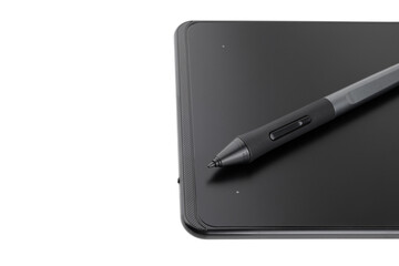 Graphic tablet on a white background. Graphic tablet and pen for retouching close-up.