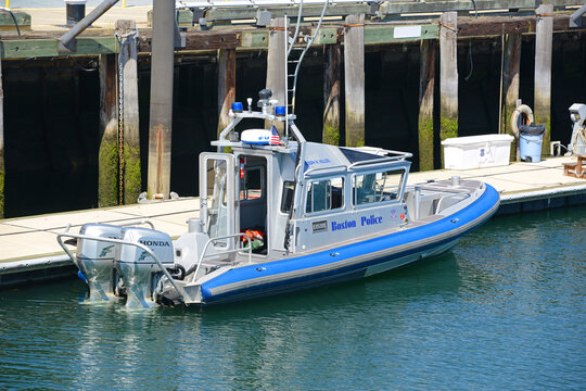 Boston Police boat at Boston Cruise Port in Seaport District, city of Boston, Massachusetts MA, USA. 