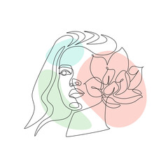 Woman face with flower in one continuous line drawing. Abstract female portrait in simple linear style with magnolia floral motif. Vector illustration with spring colours freeform