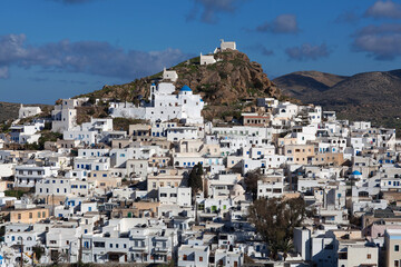 Panorama of Chora town, the capital of Ios island, Cyclades, Greece