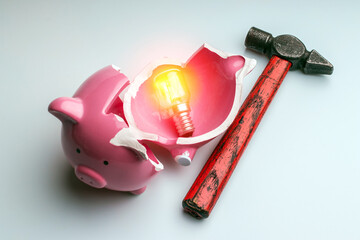 In a broken piggy bank, an idea lightbulb. The piggy bank was smashed with a hammer.