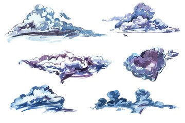 Set of blue watercolor clouds on the white background. Template for weather illustrations. Watercolor abstract modern background.