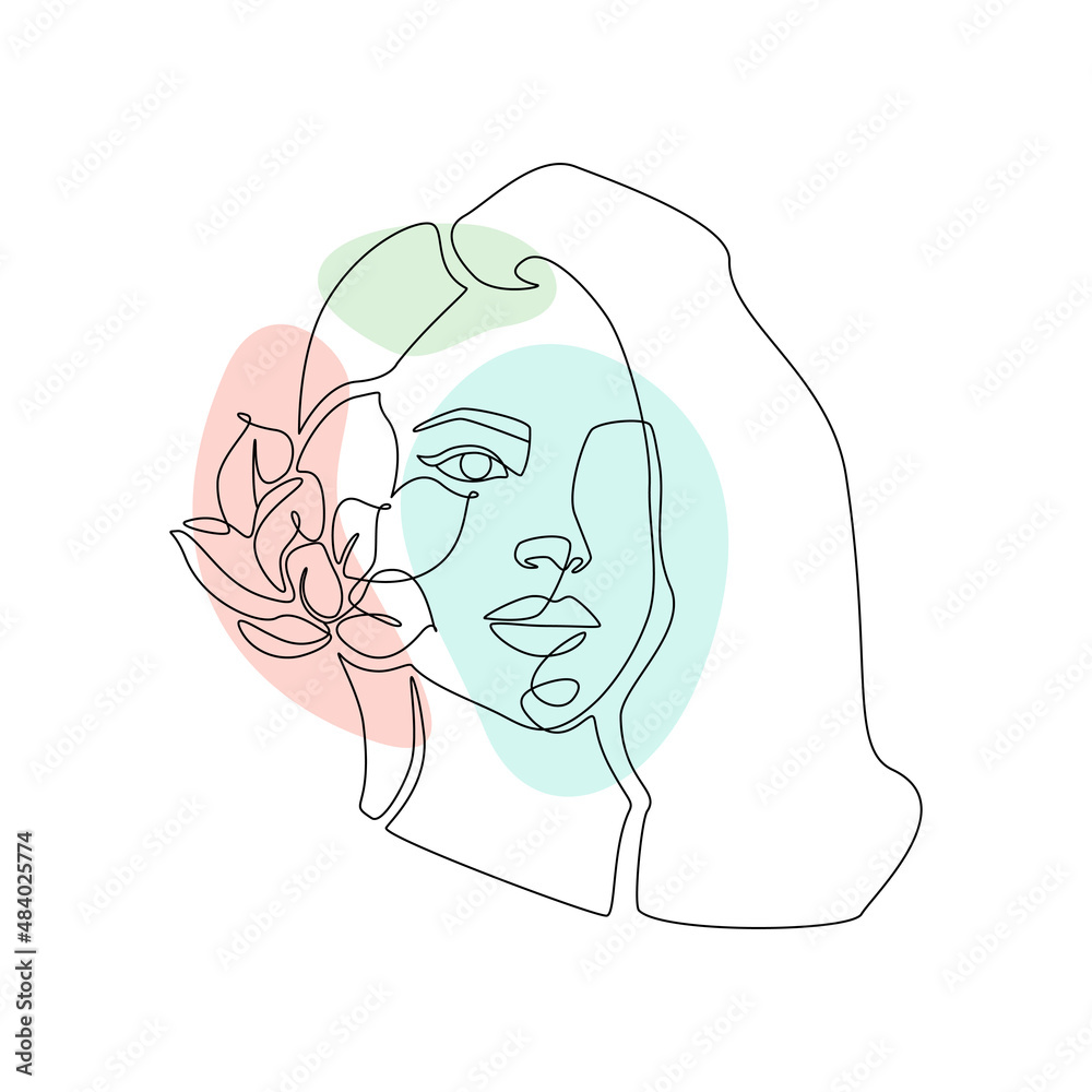 Poster woman face with flower in one continuous line drawing. abstract female portrait in simple linear sty