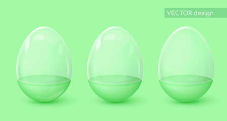 Realistic glossy and matt eggs with green stand, bottom half and glass dome, creative box, case. Happy Easter poster. Vector illustration for card, party, design, flyer, banner, web, advertising.