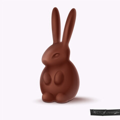 Realistic matt chocolate bunny, rabbit. Symbol of 2023 year. Happy Easter poster. Vector illustration for card, party, design, flyer, decor, banner, web, advertising.