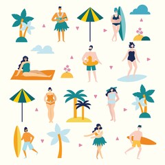 Summer background with people on the beach in the flat style