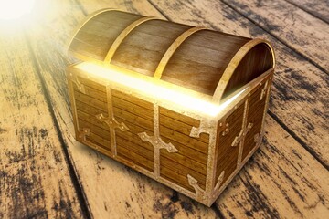 old decorative chest, insulated casket with golden light